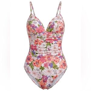 ☀️Floral One Piece Swimsuit Pink Purple White Ladder Stitch V-Neck Swimwear (L)